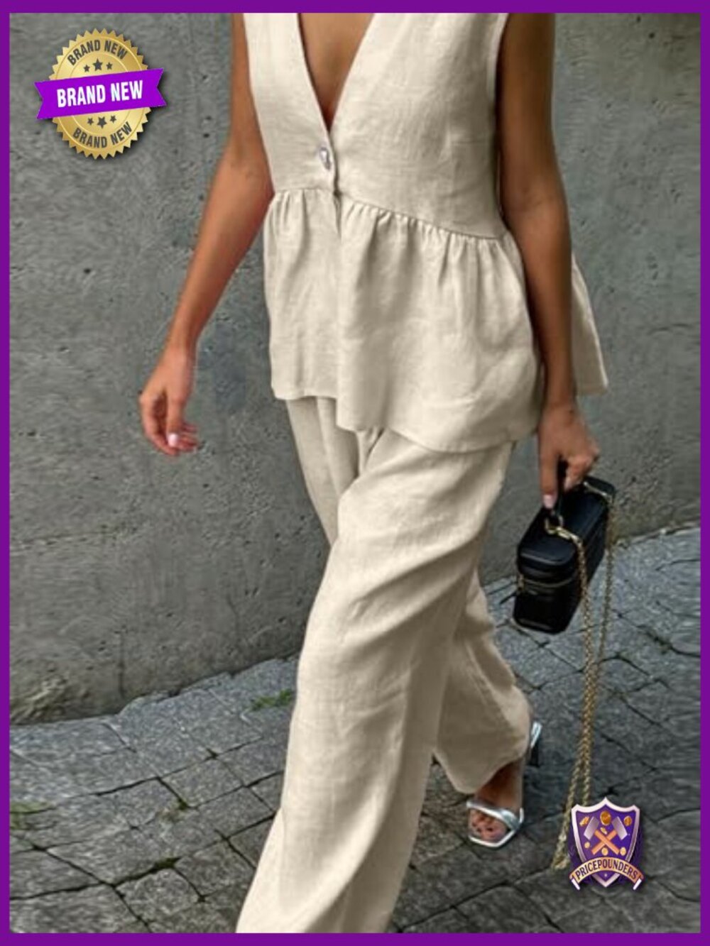 Sleeveless V Neck Peplum Top & Wide Leg Pant Set, Lounge Set - Picture 4 of 7